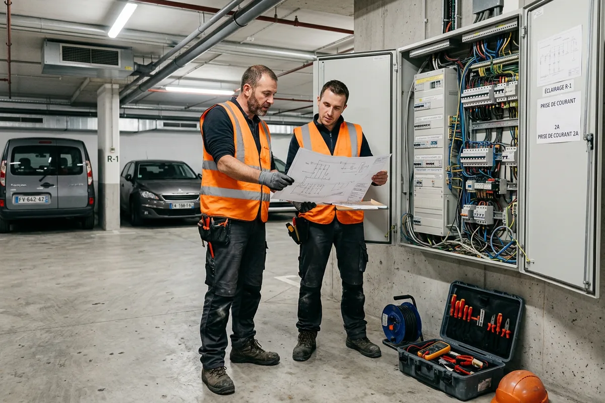 Techniciens qualifiés préparant l'installation de borne de recharge pour entreprise à Ginasservis.